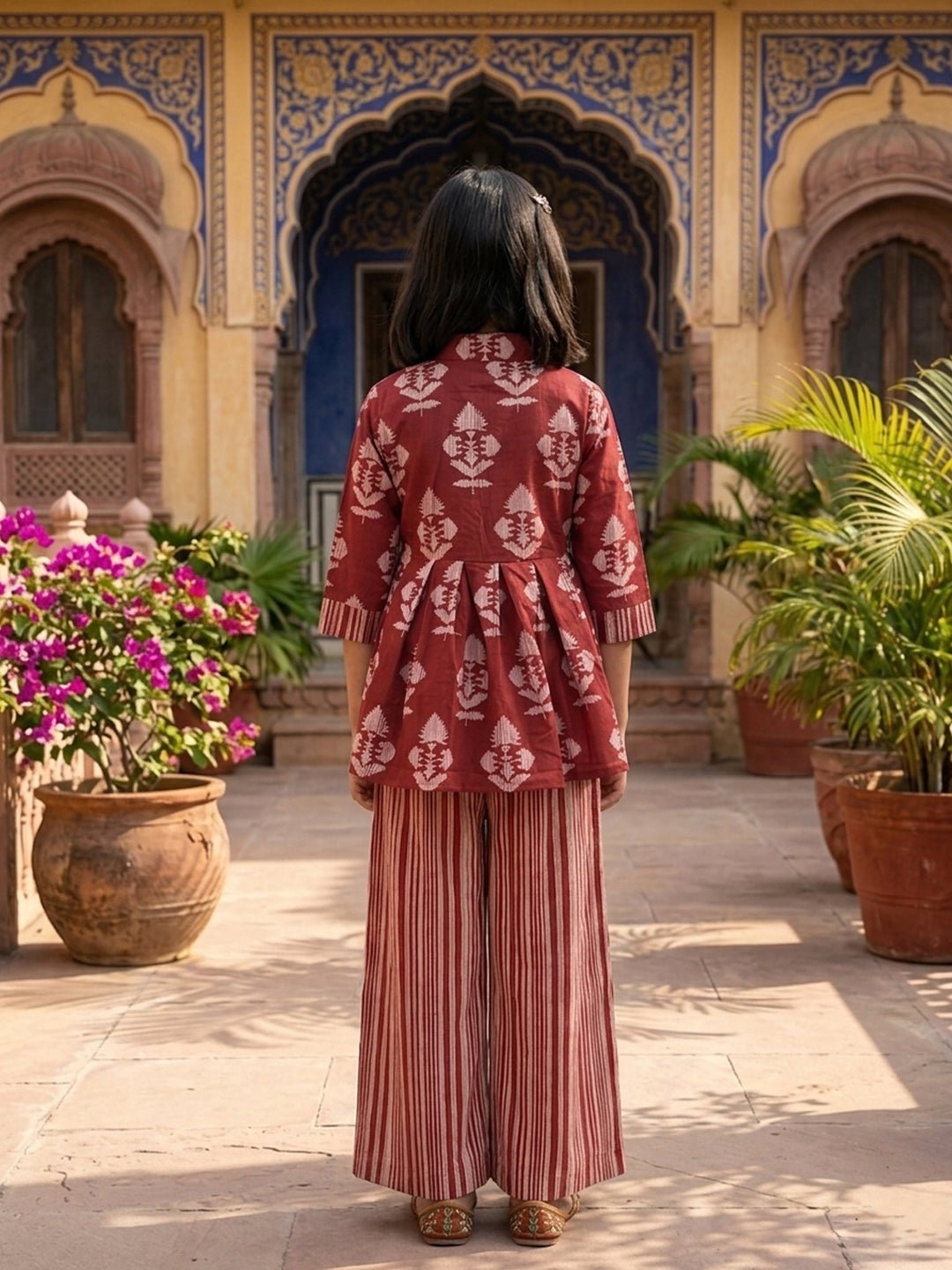 Red Floral 3/4 sleeves short kurti with stripped printed pant