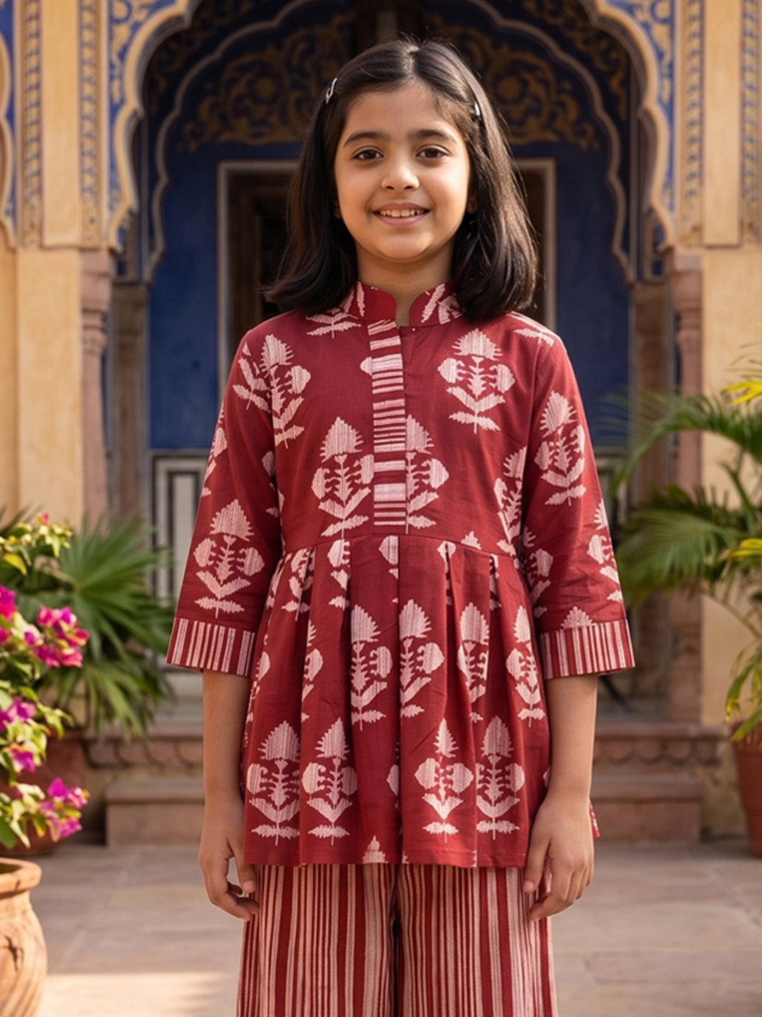 Red Floral 3/4 sleeves short kurti with stripped printed pant
