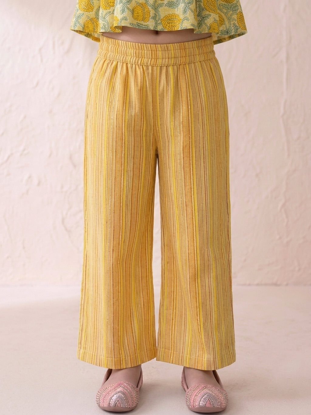 Yellow Floral 3/4 sleeves short kurti with stripped printed pant