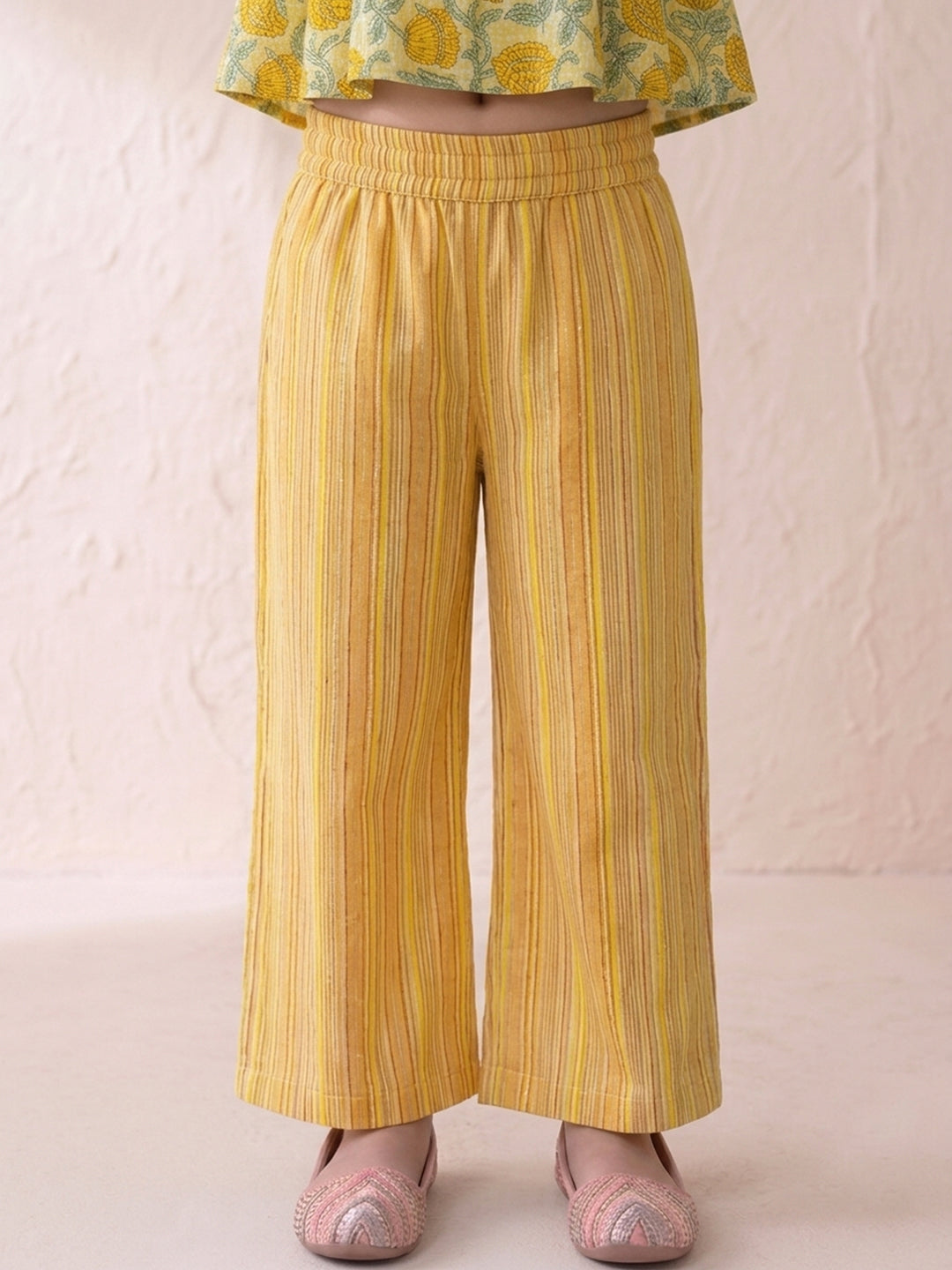 Yellow Floral 3/4 sleeves short kurti with stripped printed pant