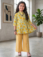 Yellow Floral 3/4 sleeves short kurti with stripped printed pant