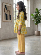 Yellow Floral 3/4 sleeves short kurti with stripped printed pant