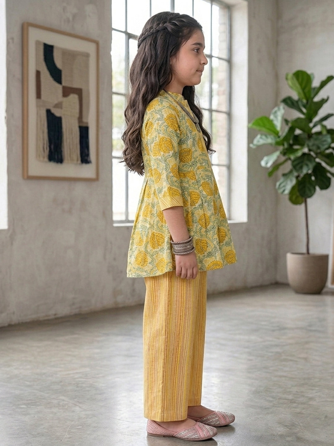 Yellow Floral 3/4 sleeves short kurti with stripped printed pant