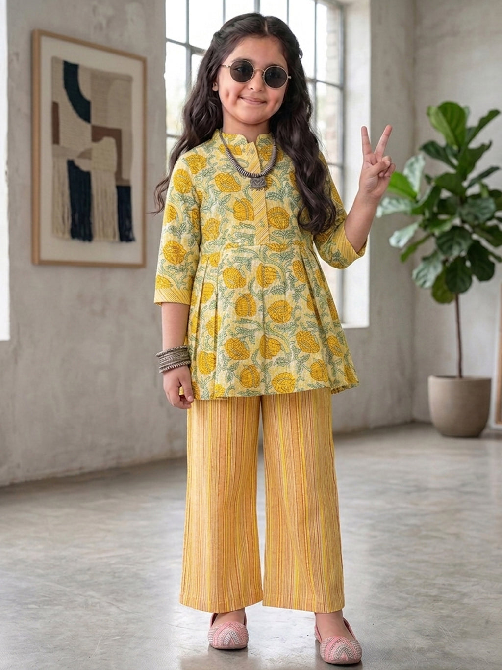 Yellow Floral 3/4 sleeves short kurti with stripped printed pant