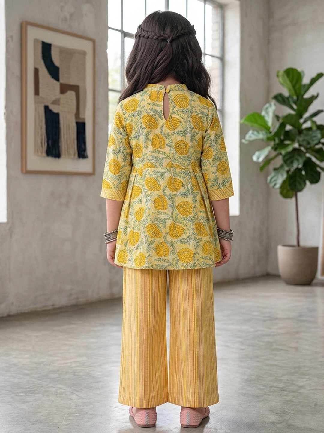 Yellow Floral 3/4 sleeves short kurti with stripped printed pant