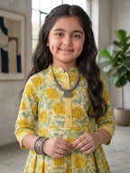 Yellow Floral 3/4 sleeves short kurti with stripped printed pant