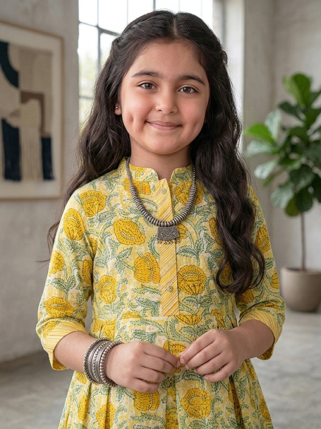Yellow Floral 3/4 sleeves short kurti with stripped printed pant