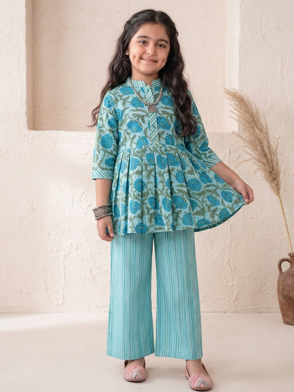 Blue Floral 3/4 sleeves short kurti with stripped printed pant