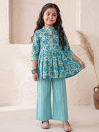Blue Floral 3/4 sleeves short kurti with stripped printed pant