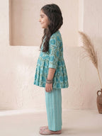 Blue Floral 3/4 sleeves short kurti with stripped printed pant