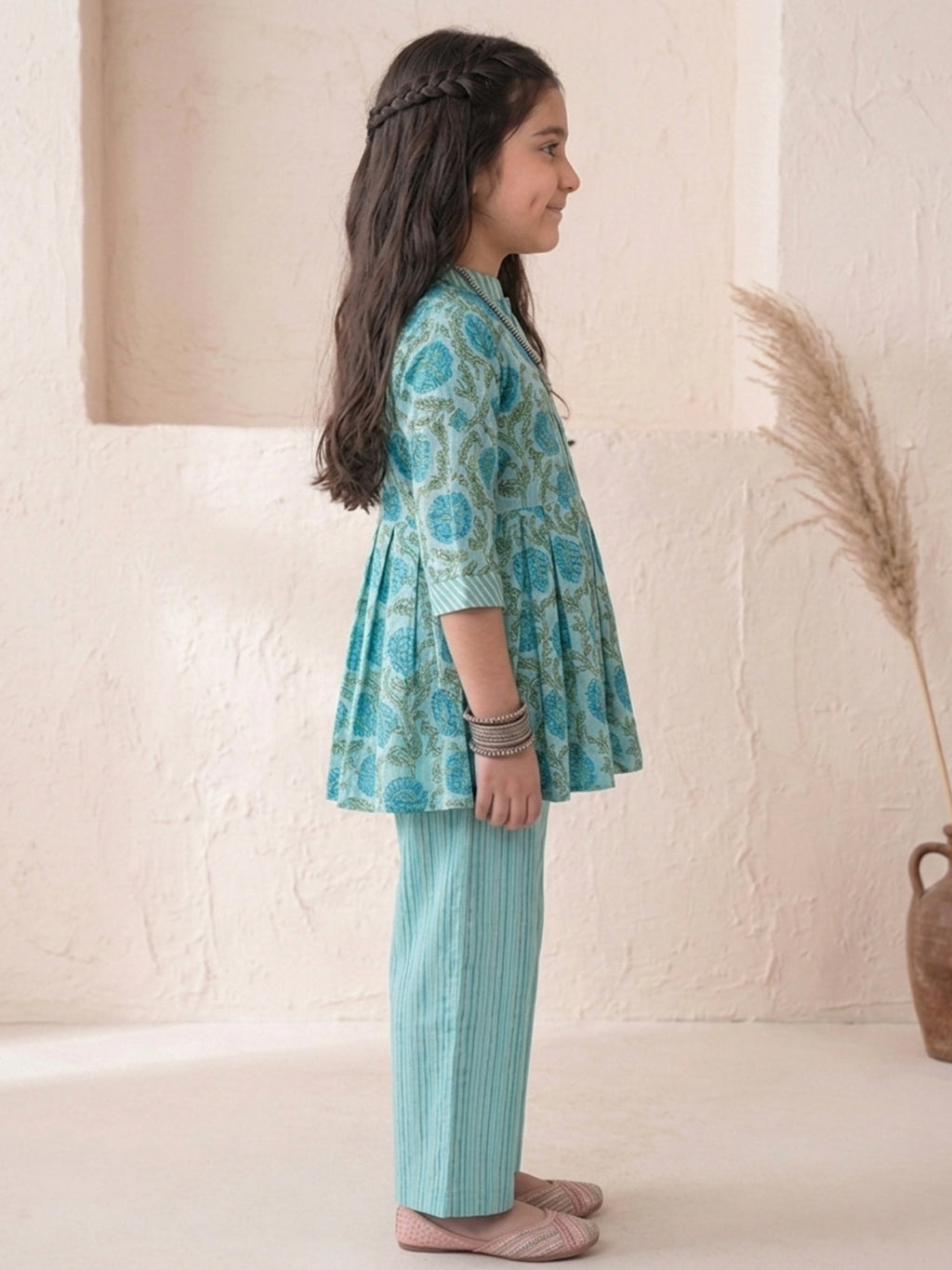 Blue Floral 3/4 sleeves short kurti with stripped printed pant