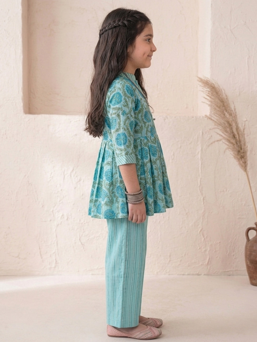 Blue Floral 3/4 sleeves short kurti with stripped printed pant