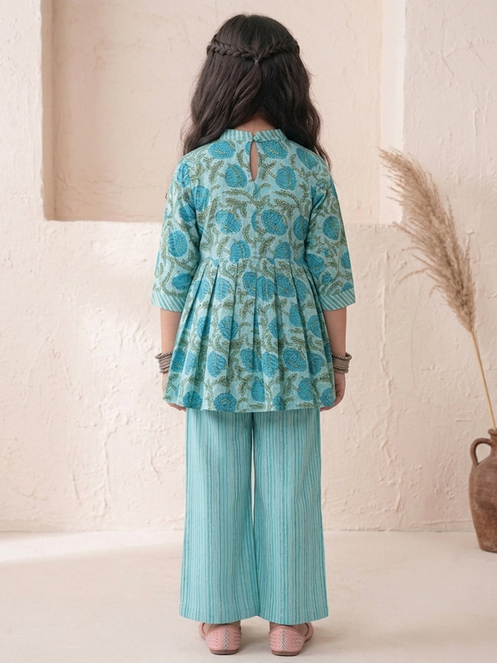 Blue Floral 3/4 sleeves short kurti with stripped printed pant
