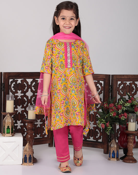 Yellow & Pink Floral Kurti set