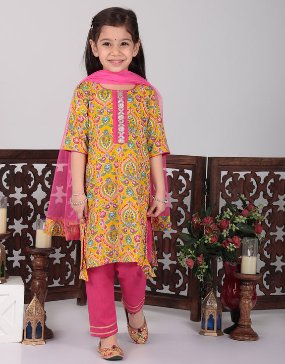 Yellow & Pink Floral Kurti set