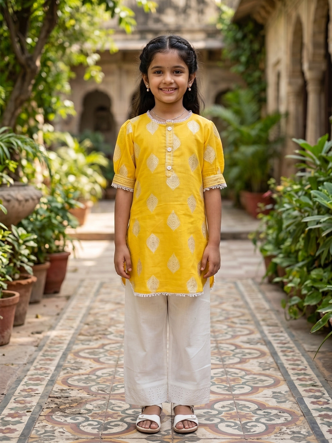 Kinder Kids Yellow Printed Top with White Pant