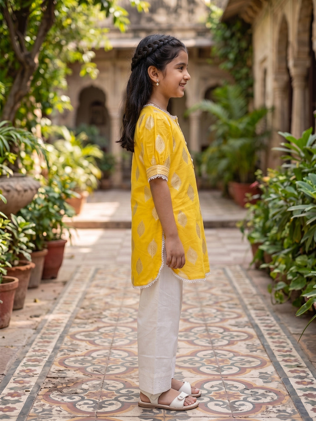 Kinder Kids Yellow Printed Top with White Pant