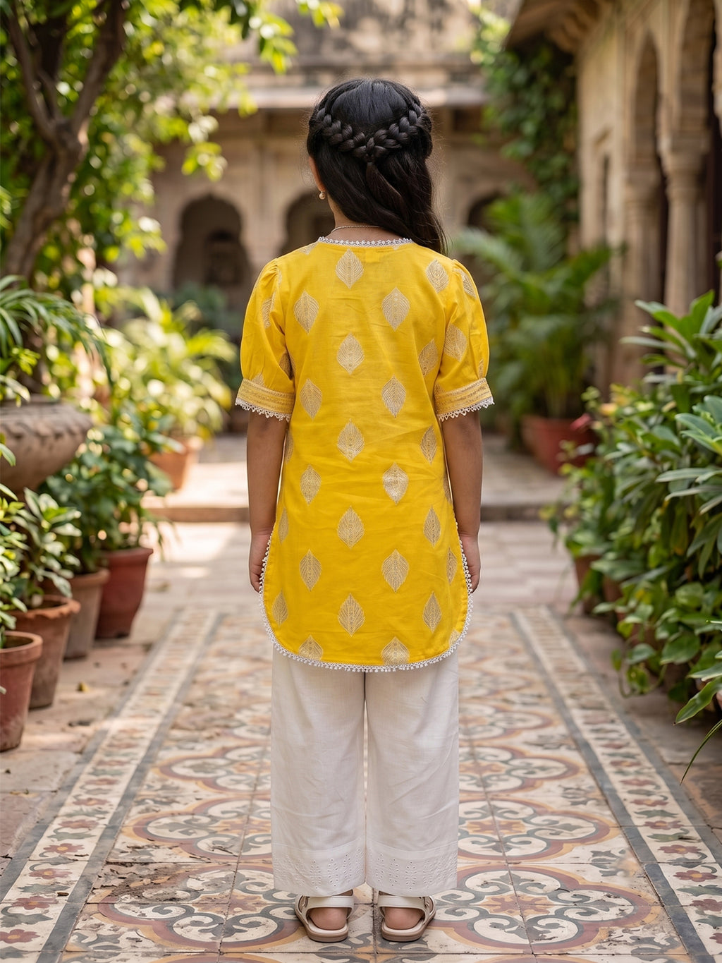 Kinder Kids Yellow Printed Top with White Pant