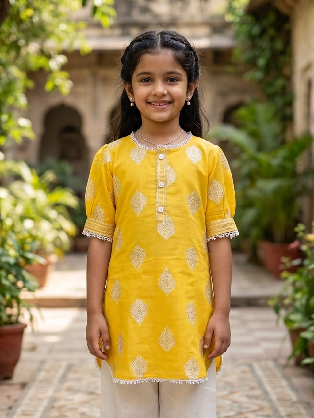 Kinder Kids Yellow Printed Top with White Pant
