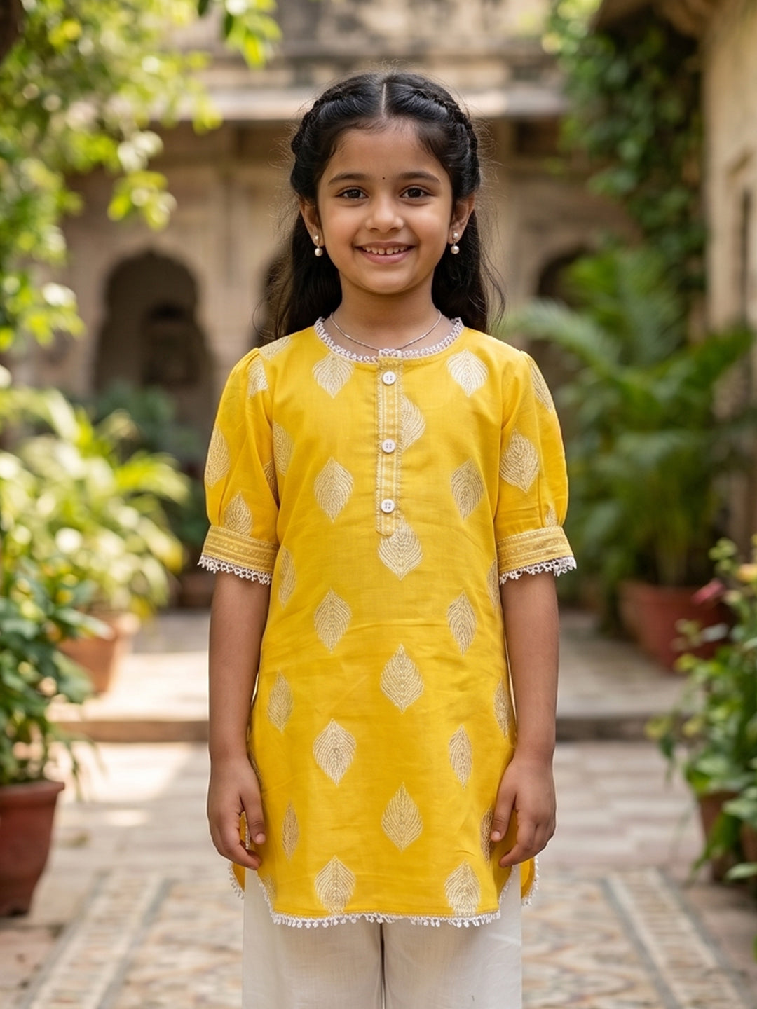 Kinder Kids Yellow Printed Top with White Pant