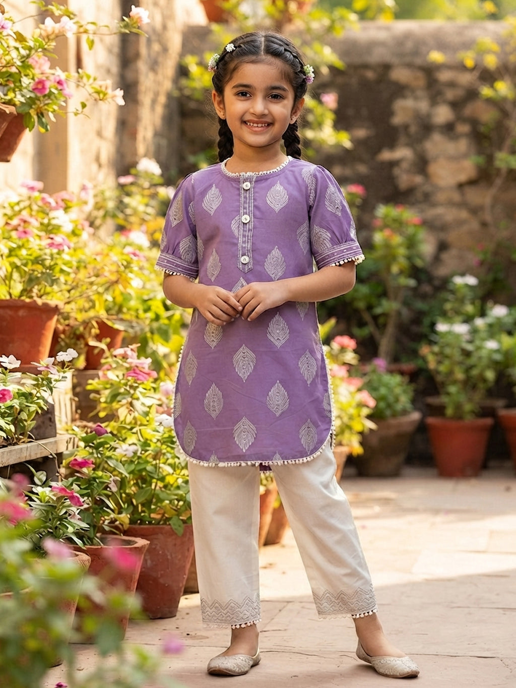 Kinder Kids Purple Printed Top with White Pant