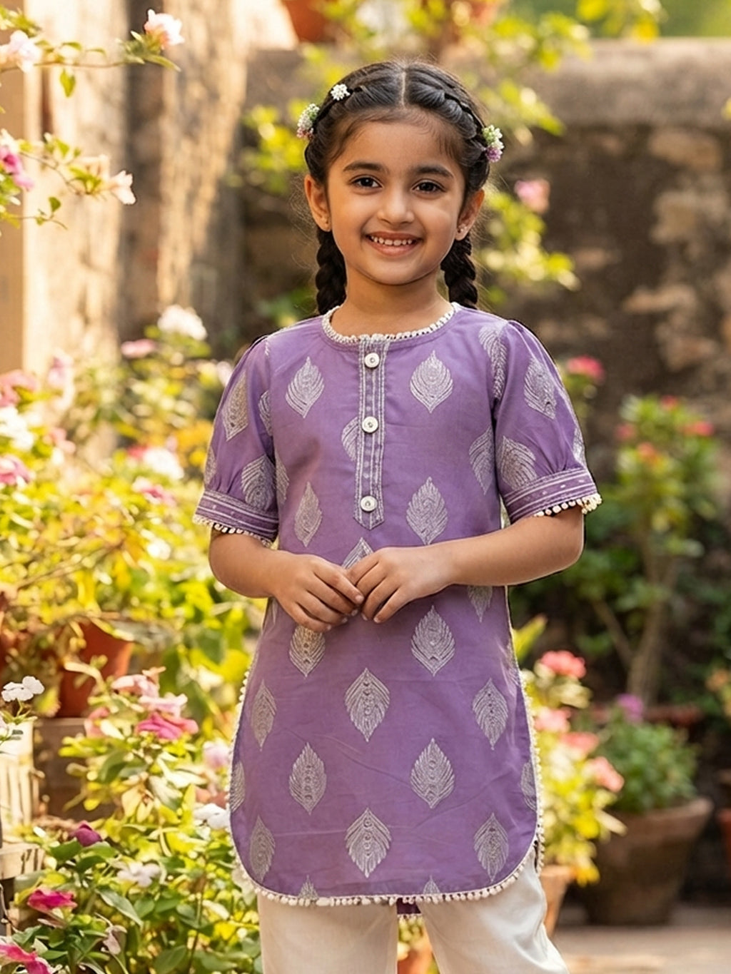 Kinder Kids Purple Printed Top with White Pant
