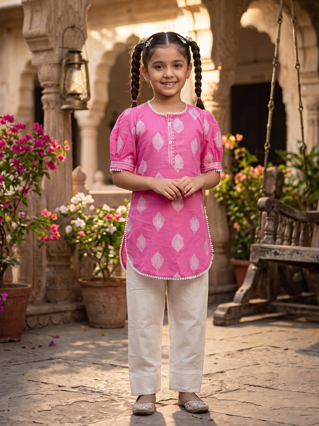 Kinder Kids Pink Printed Top with White Pant