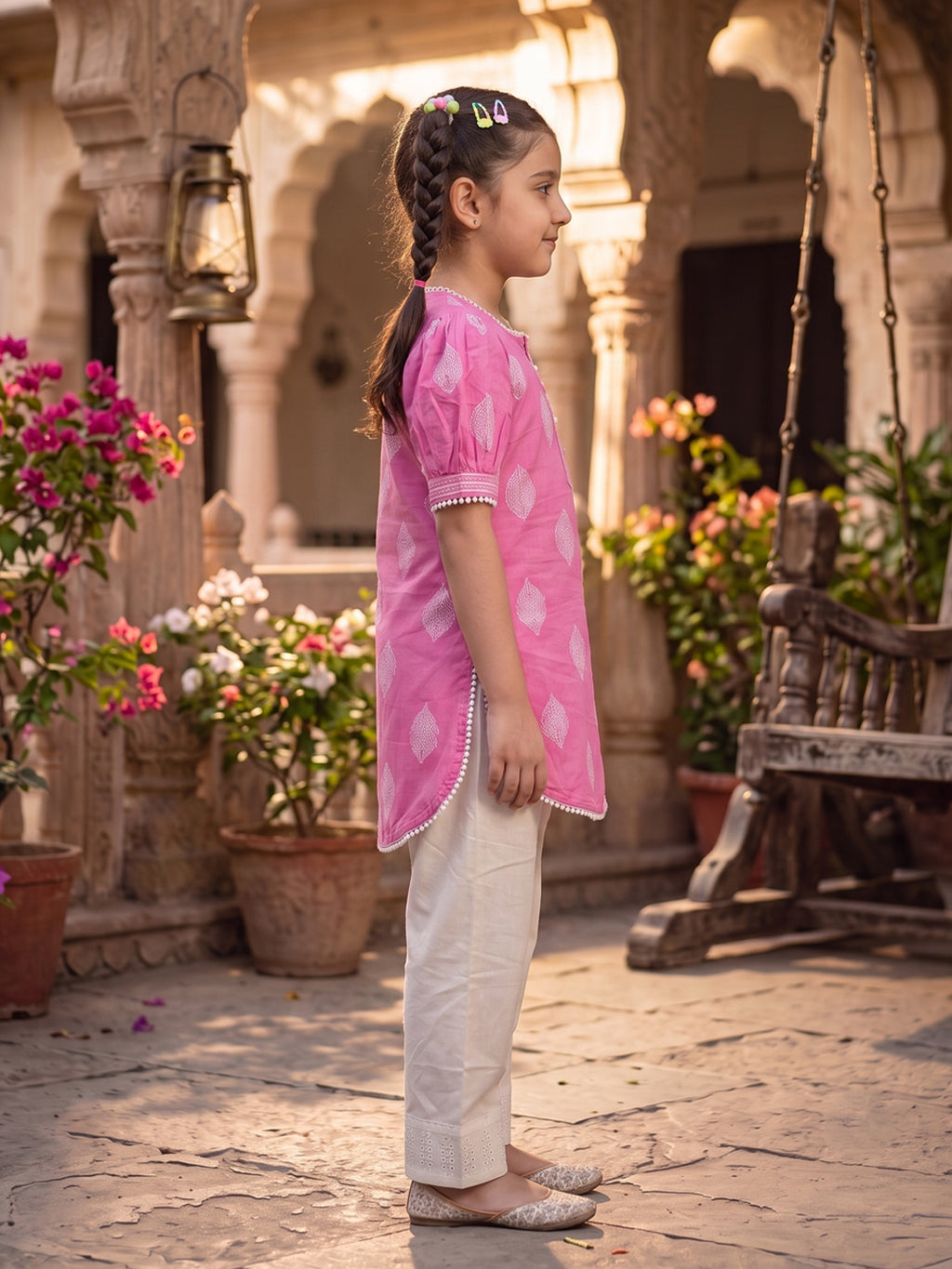 Kinder Kids Pink Printed Top with White Pant