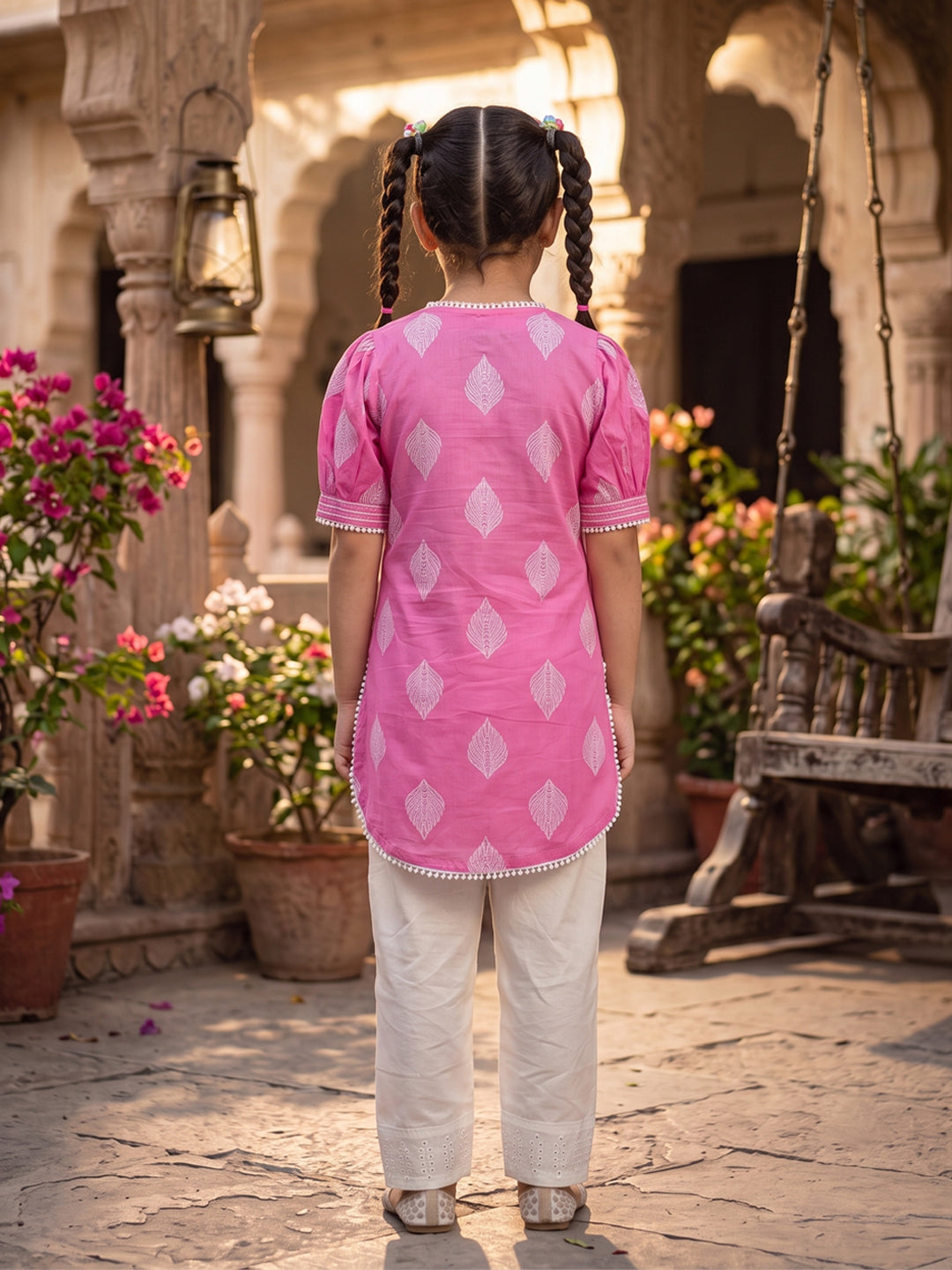 Kinder Kids Pink Printed Top with White Pant