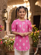 Kinder Kids Pink Printed Top with White Pant