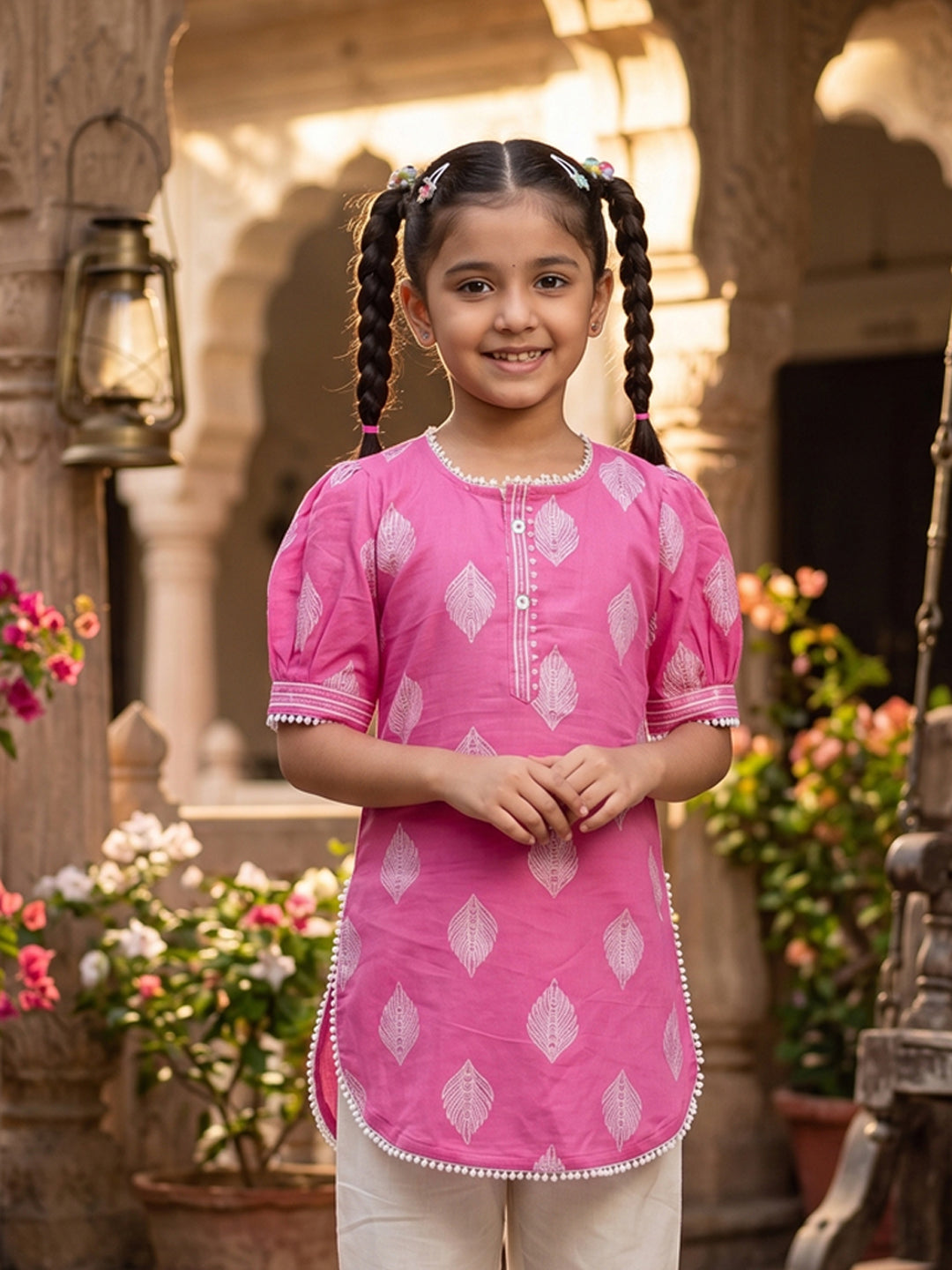 Kinder Kids Pink Printed Top with White Pant