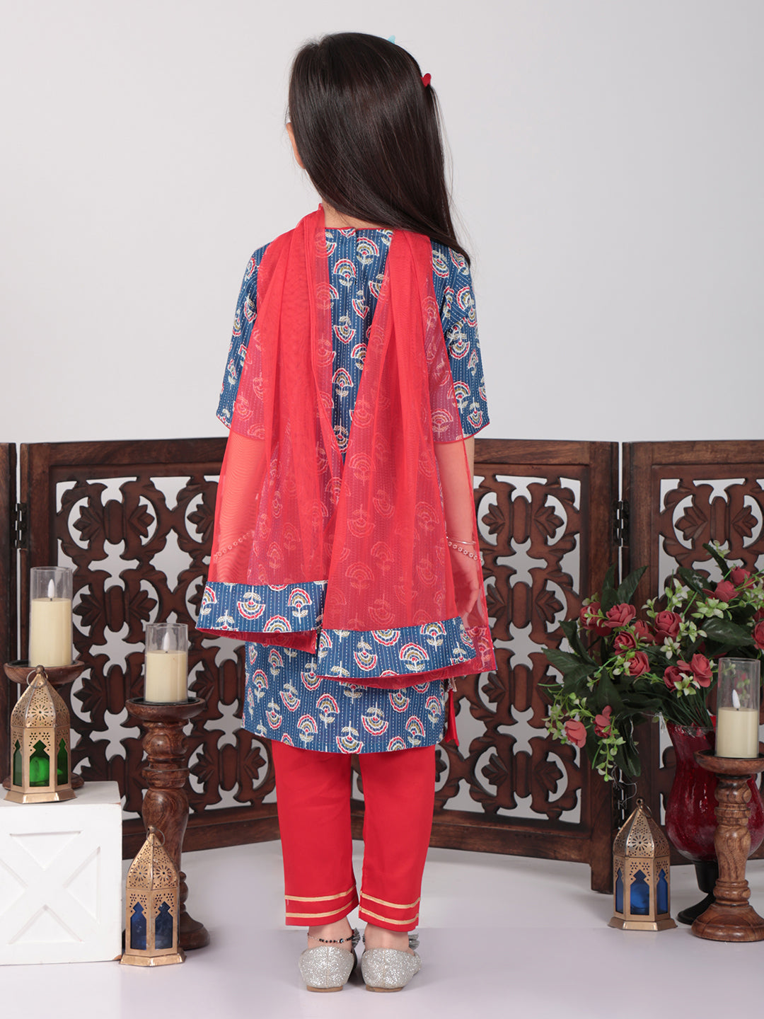 Blue Cotton Floral Kurti set
