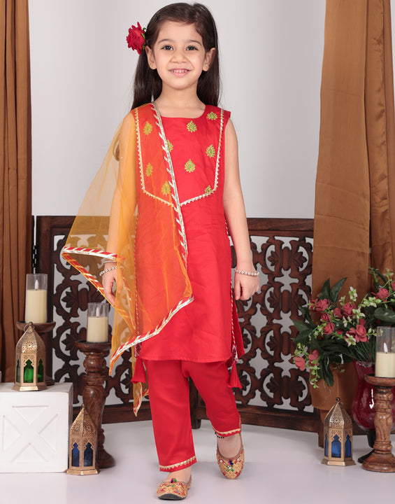 Red embroidered Kurti Set