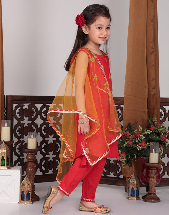 Red embroidered Kurti Set