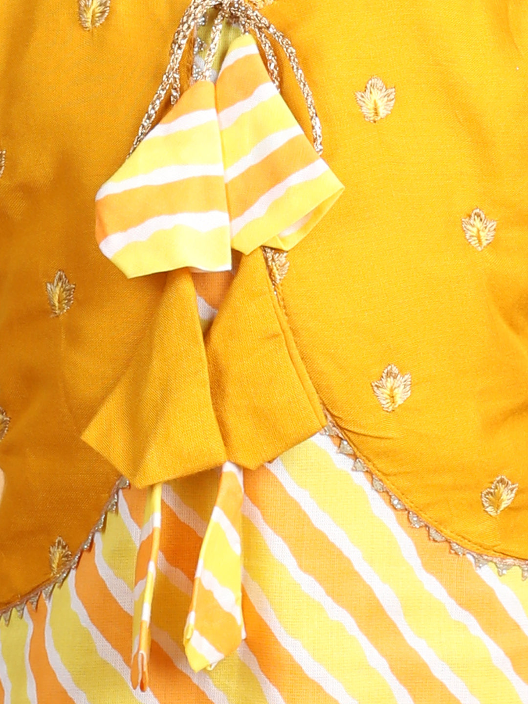 Yellow Lehriya Kurti with attached embroidered jacket paired with pant