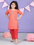 Peach  & Red Cotton katha printed Kurti set