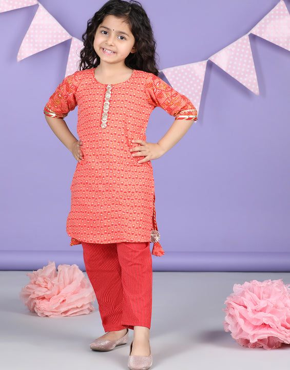 Peach  & Red Cotton katha printed Kurti set