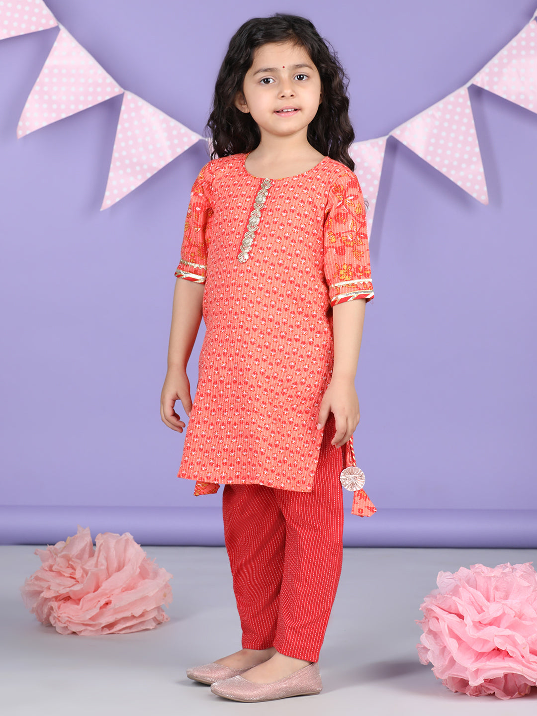 Peach  & Red Cotton katha printed Kurti set