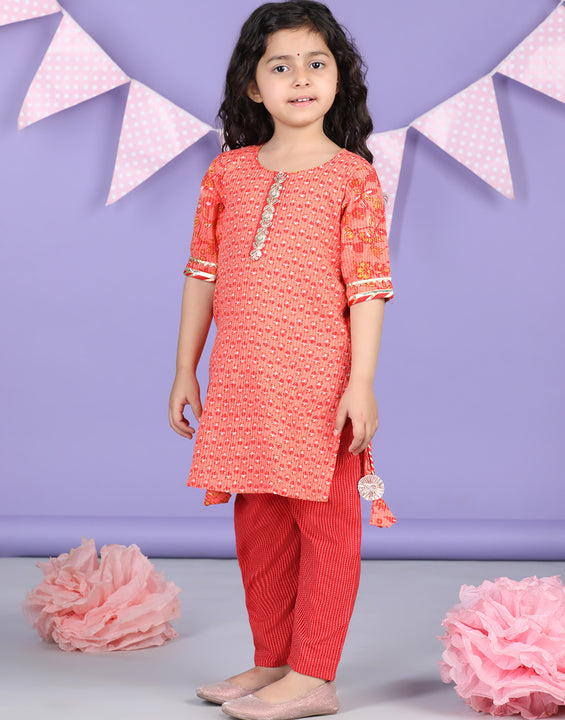 Peach  & Red Cotton katha printed Kurti set