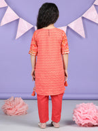 Peach  & Red Cotton katha printed Kurti set