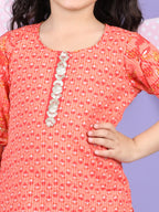Peach  & Red Cotton katha printed Kurti set