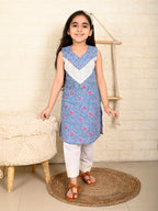 Blue & Pink Sleeveless Kurti Set