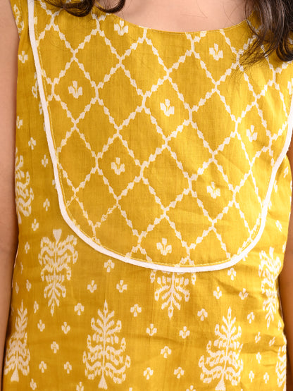 Yellow Sleeveless Floral Printed Kurti with White Pant