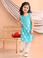 Blue Sleeveless Floral Printed Kurti with White Pant