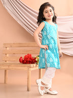 Blue Sleeveless Floral Printed Kurti with White Pant