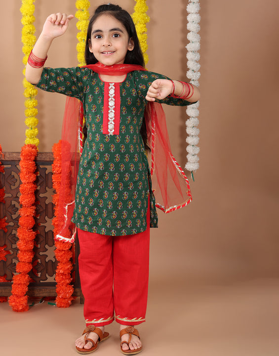 Green 3/4 sleeves printed cotton kurti with Red Plazo pant and dupatta