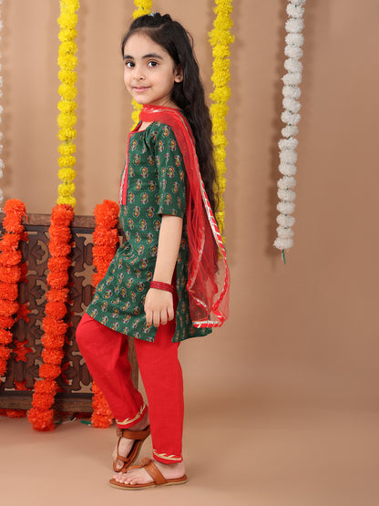 Green 3/4 sleeves printed cotton kurti with Red Plazo pant and dupatta