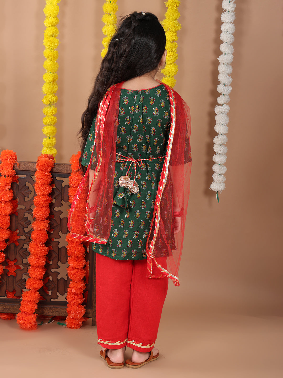 Green 3/4 sleeves printed cotton kurti with Red Plazo pant and dupatta