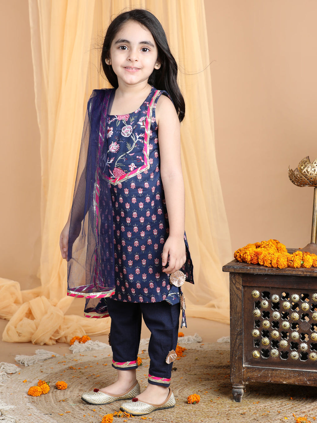 Blue Floral Cotton Kurti Set
