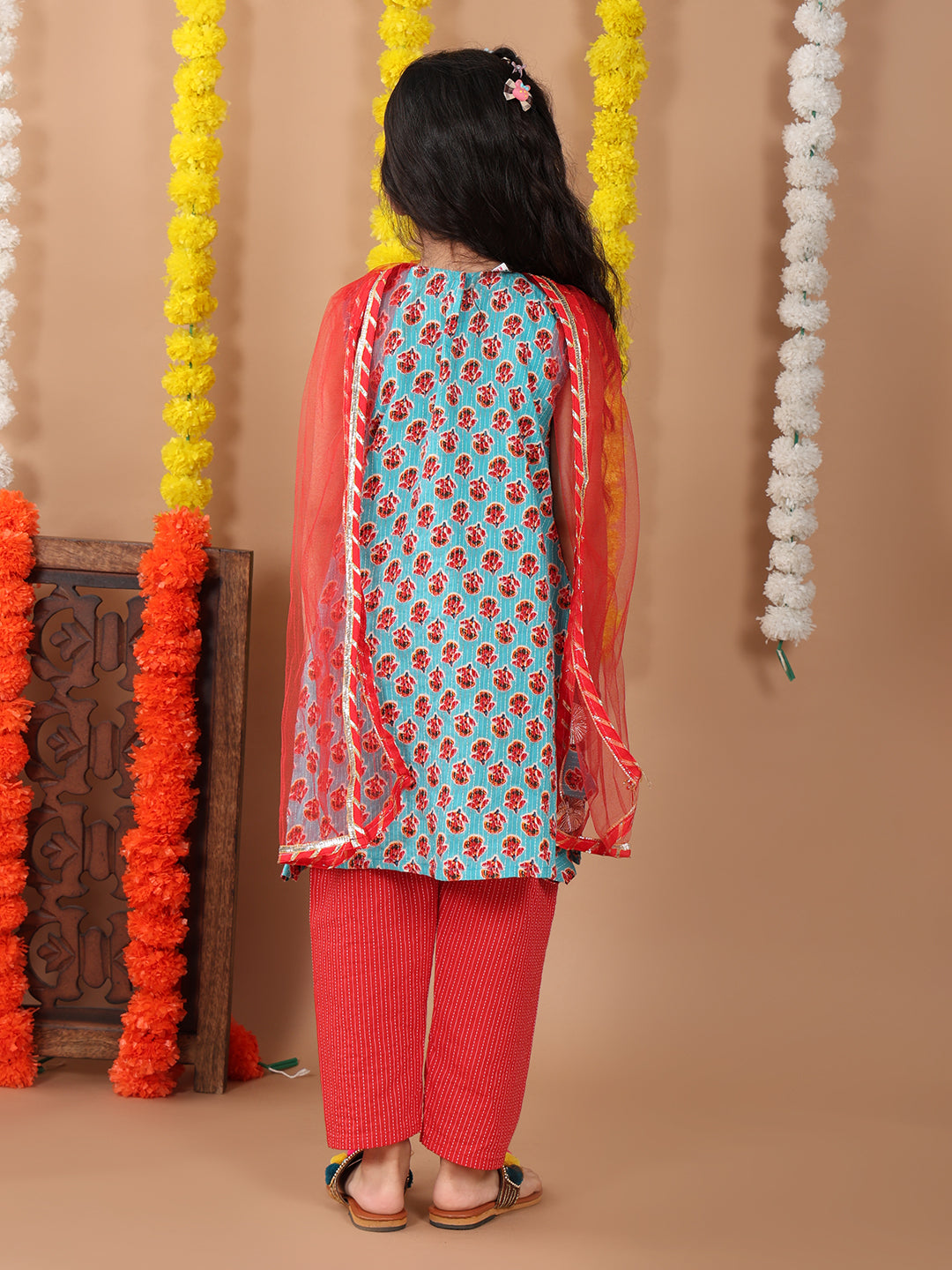 Green sleeveless cotton embroidered kurti with Red Plazo pant and dupatta